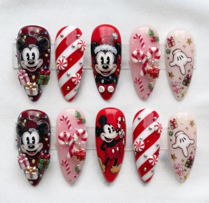 Christmas Mouse Press On Nails with Candy Canes, Gifts and 3D Details