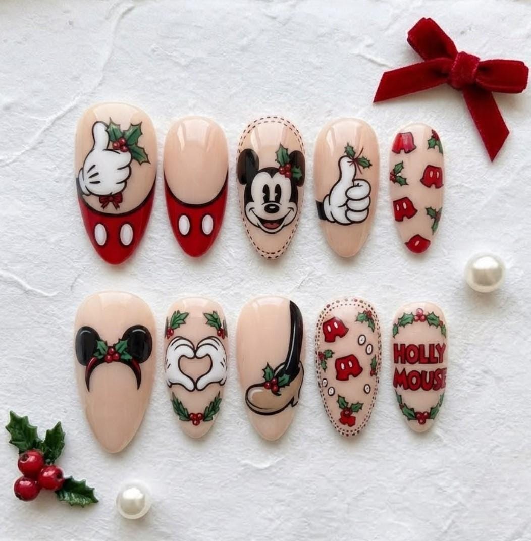 Christmas Mouse Nails With Santa Suit French Tips and Holly Art