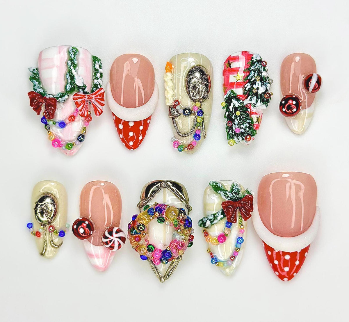 Christmas Nail Set with 3D Bows, Candy Canes, Trees, and Polka-Dot French Tips