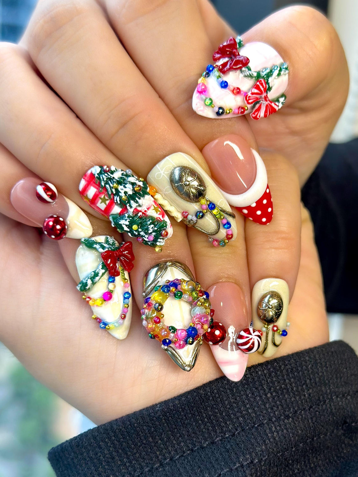 Christmas Nail Set with 3D Bows, Candy Canes, Trees, and Polka-Dot French Tips