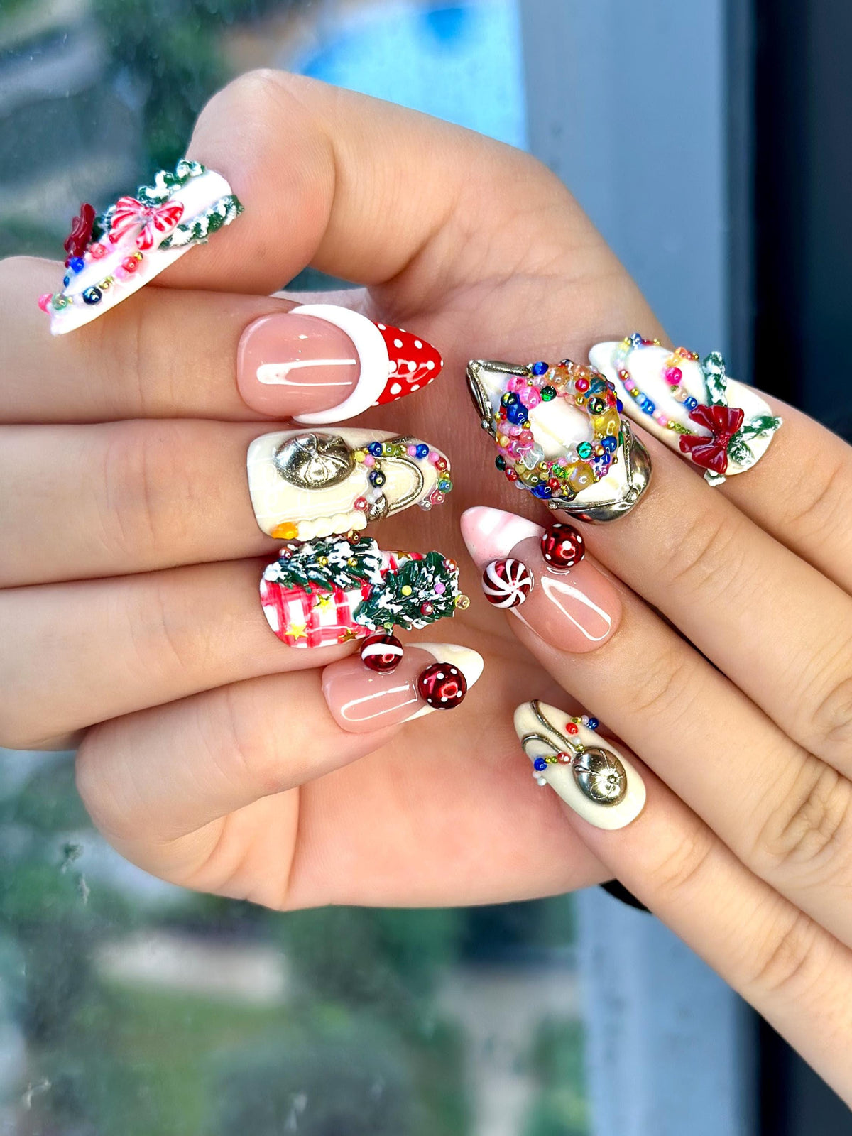 Christmas Nail Set with 3D Bows, Candy Canes, Trees, and Polka-Dot French Tips
