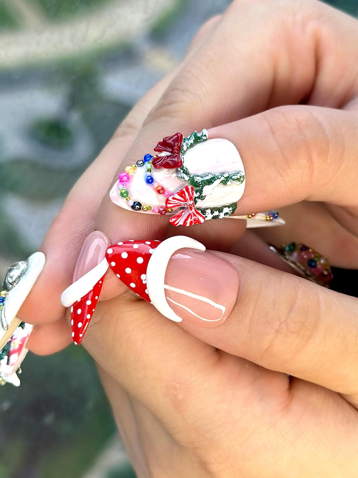 Christmas Nail Set with 3D Bows, Candy Canes, Trees, and Polka-Dot French Tips