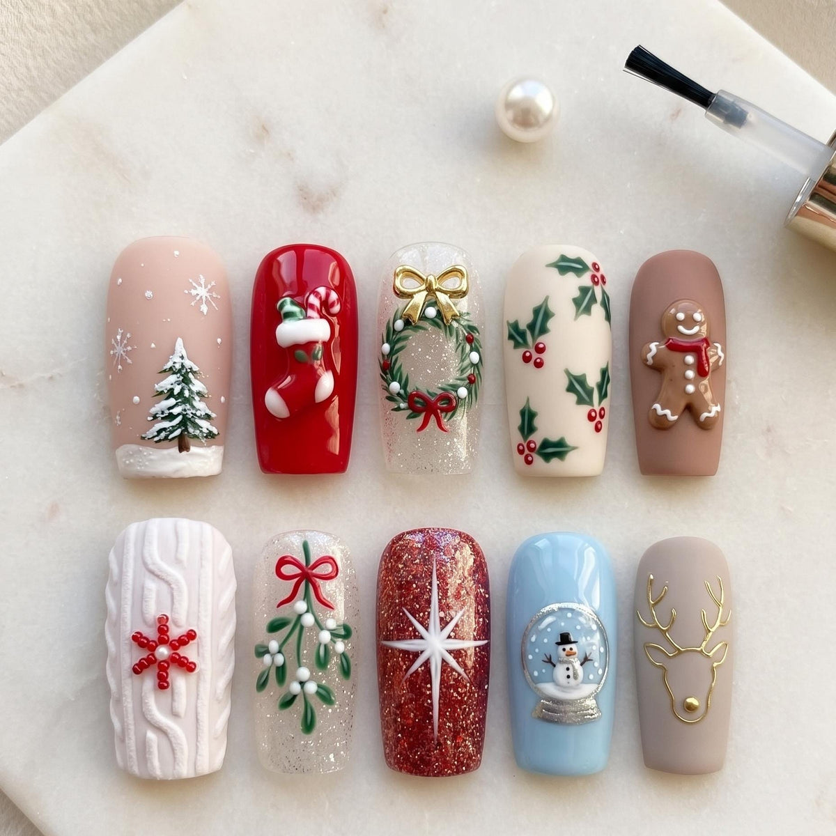 Christmas Nail Set with Gingerbread, Snow Globe, Wreath, and Holly Designs