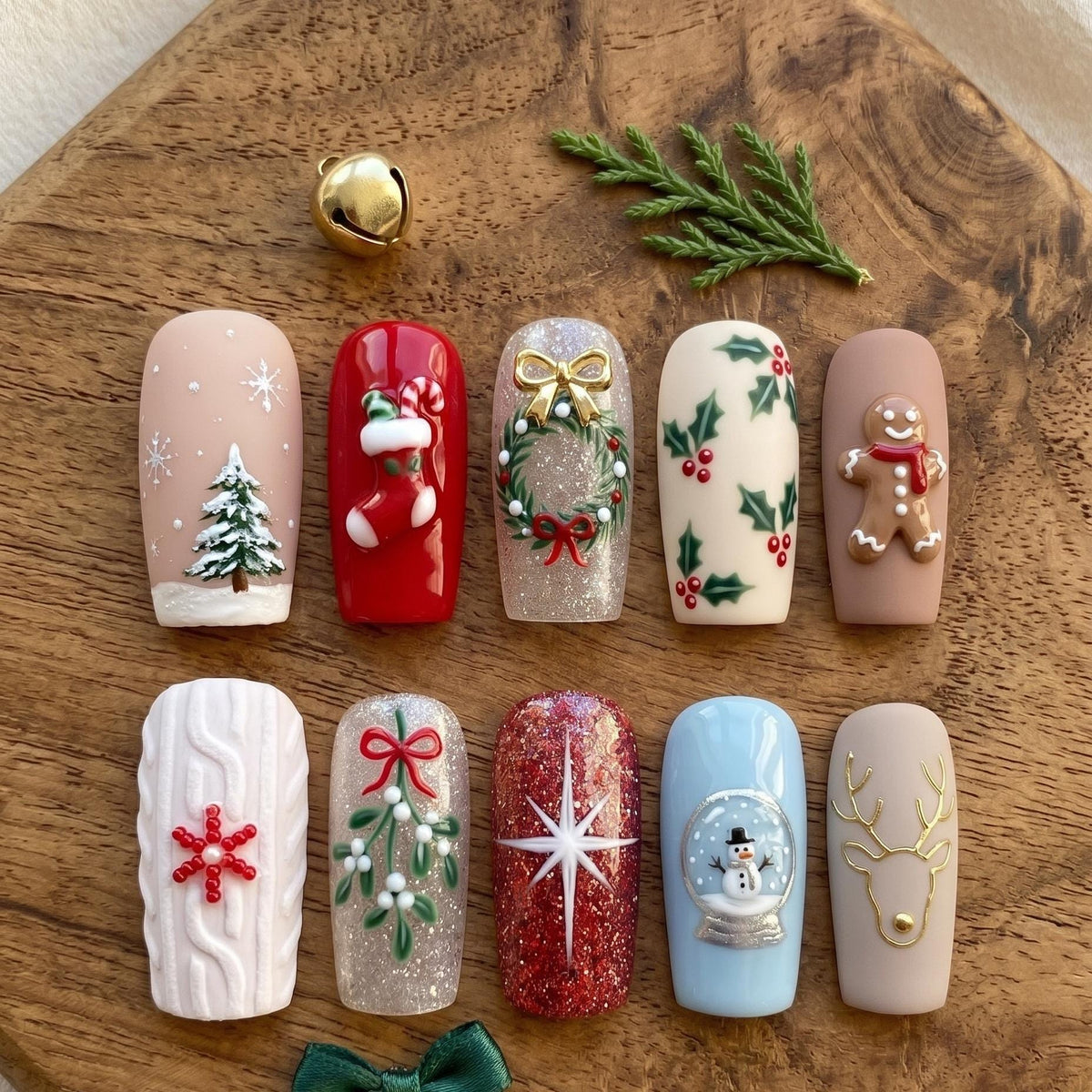Christmas Nail Set with Gingerbread, Snow Globe, Wreath, and Holly Designs