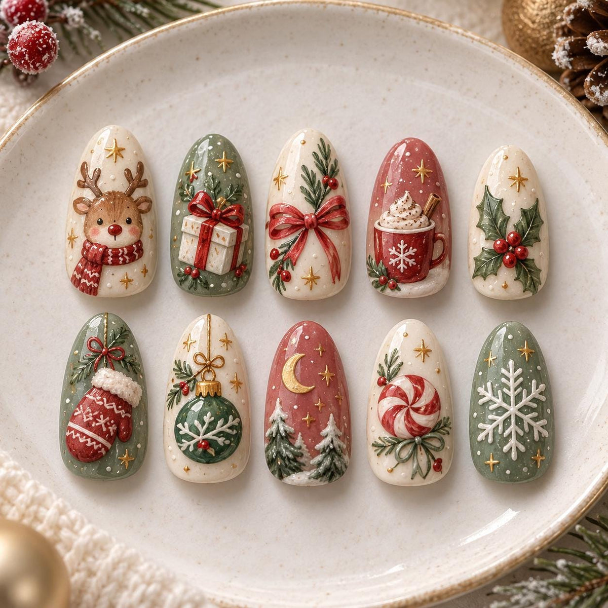 Christmas Nail Set With Green, Cream and Red Holiday Art