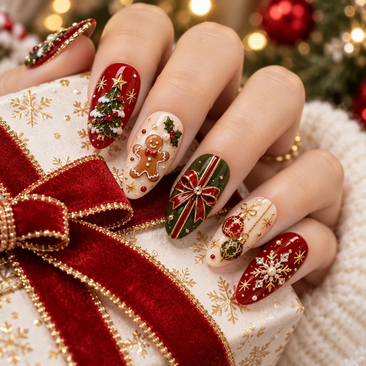 Christmas Nail Set With Red, Green, Gold, and Ivory Holiday Art