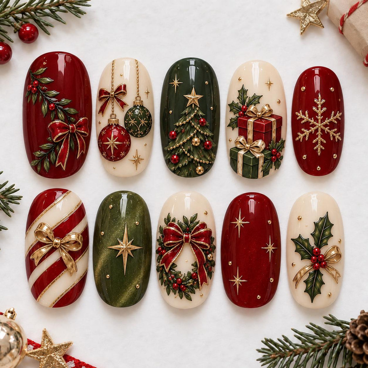 Christmas Nail Set With Trees, Holly, Bows, Ornaments and Snowflakes