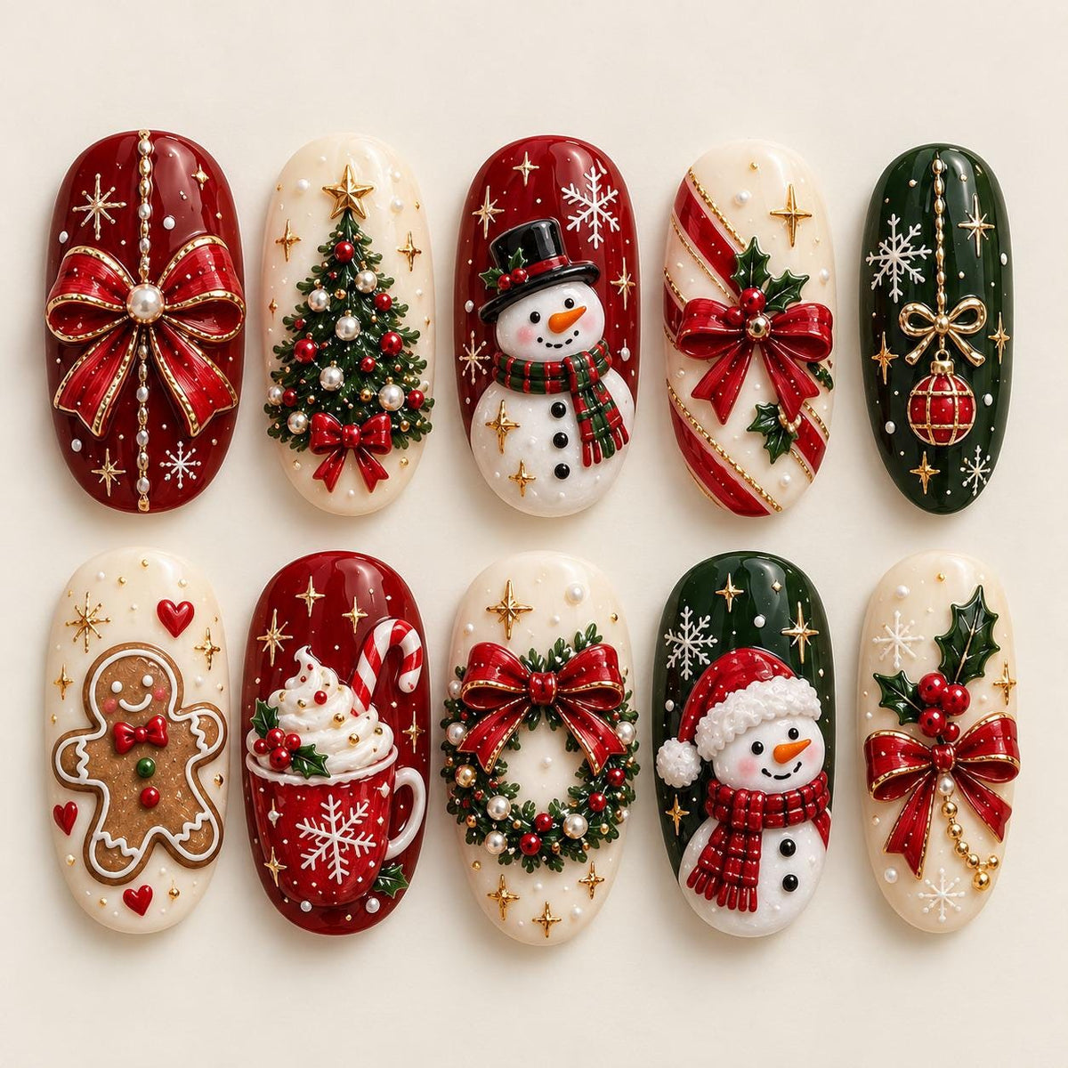Christmas Nails with 3D Bows, Snowmen, Gingerbread and Decorated Trees