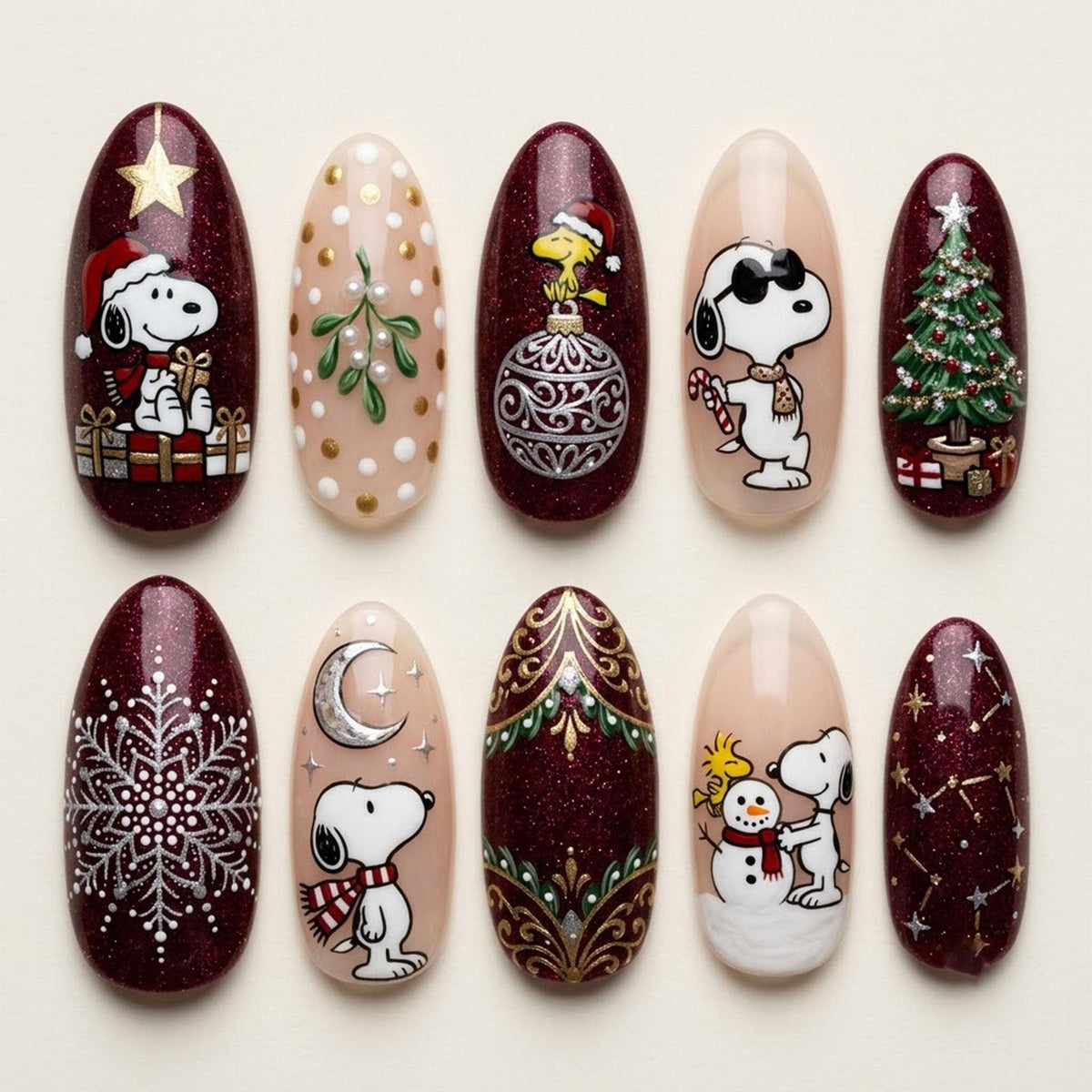 Christmas Nails with Burgundy Glitter, Gold Snowflakes and Festive Character Art