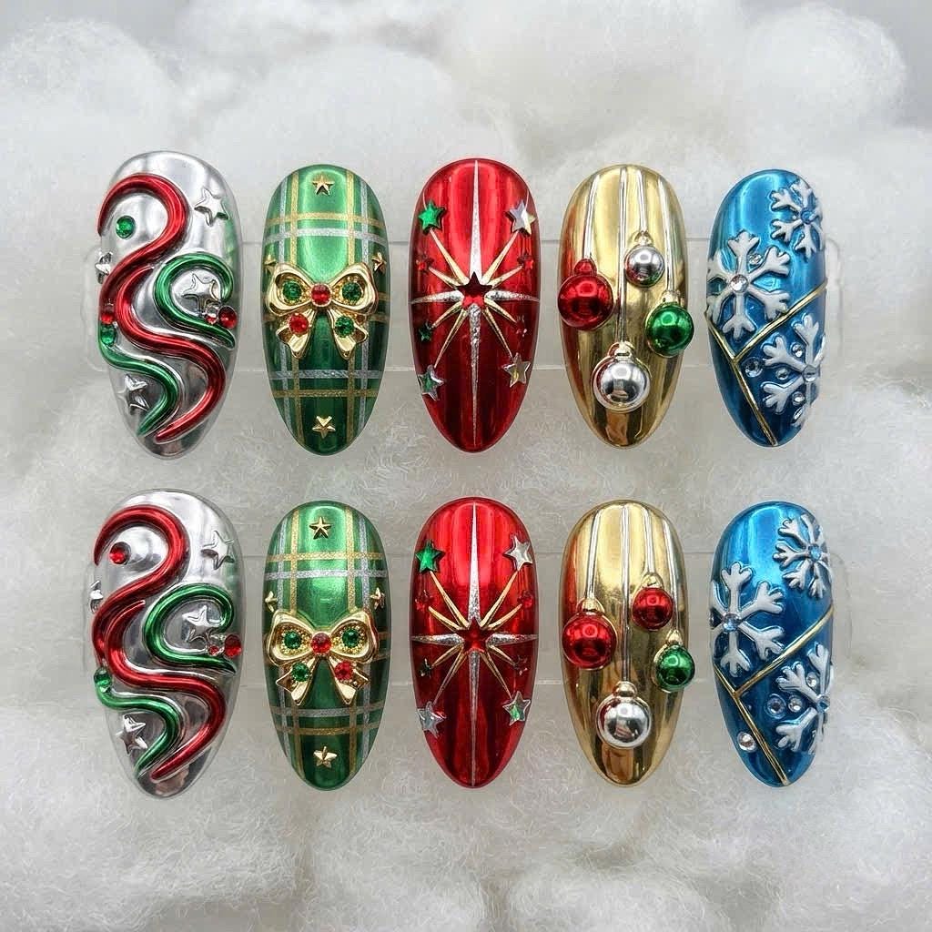 Christmas Nails With Metallic Plaid, Bows, Snowflakes & Holiday Details