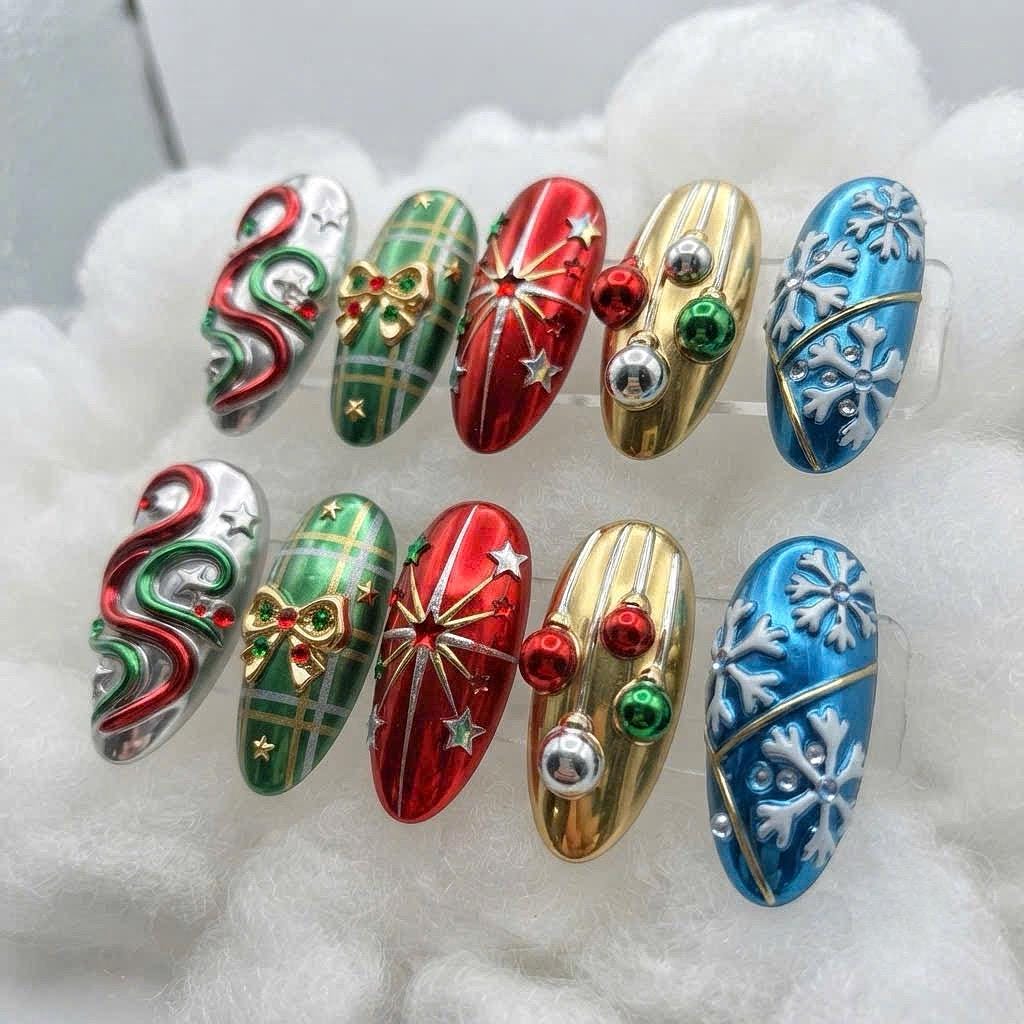 Christmas Nails With Metallic Plaid, Bows, Snowflakes & Holiday Details