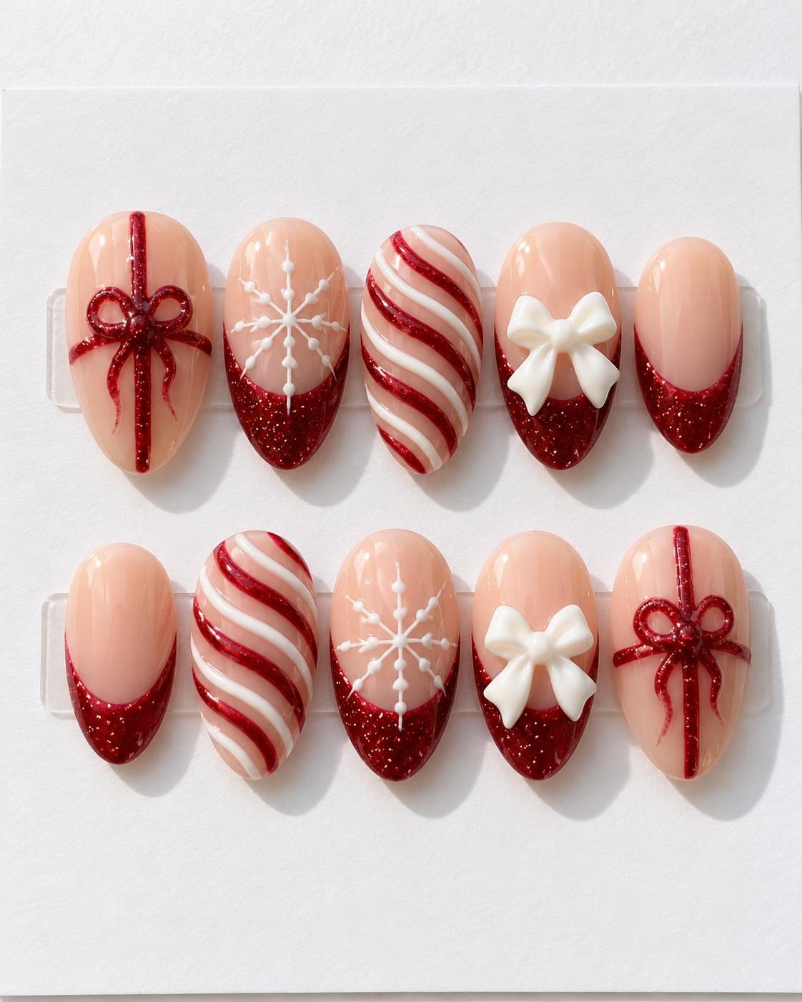 Christmas Nails With Red Glitter French Tips, Candy Cane Swirls, Snowflakes & Bows