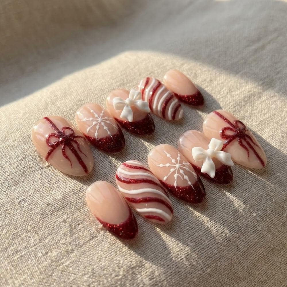 Christmas Nails With Red Glitter French Tips, Candy Cane Swirls, Snowflakes & Bows