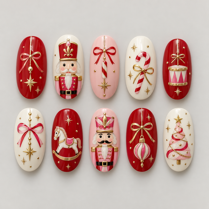 Christmas Nutcracker and Toy Parade Press On Nail Set With Gold Accents