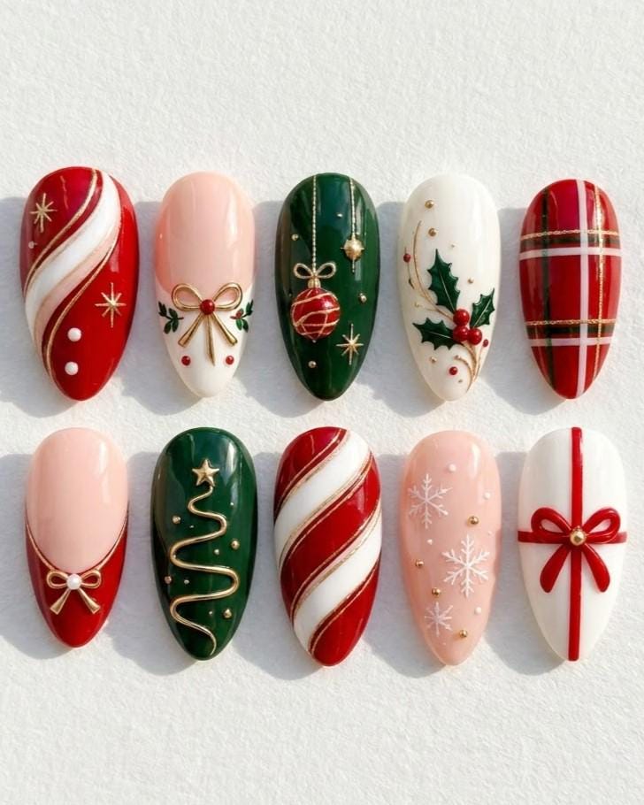 Christmas Plaid and Candy Cane Press On Nails with Holly, Bows, and Gold Details
