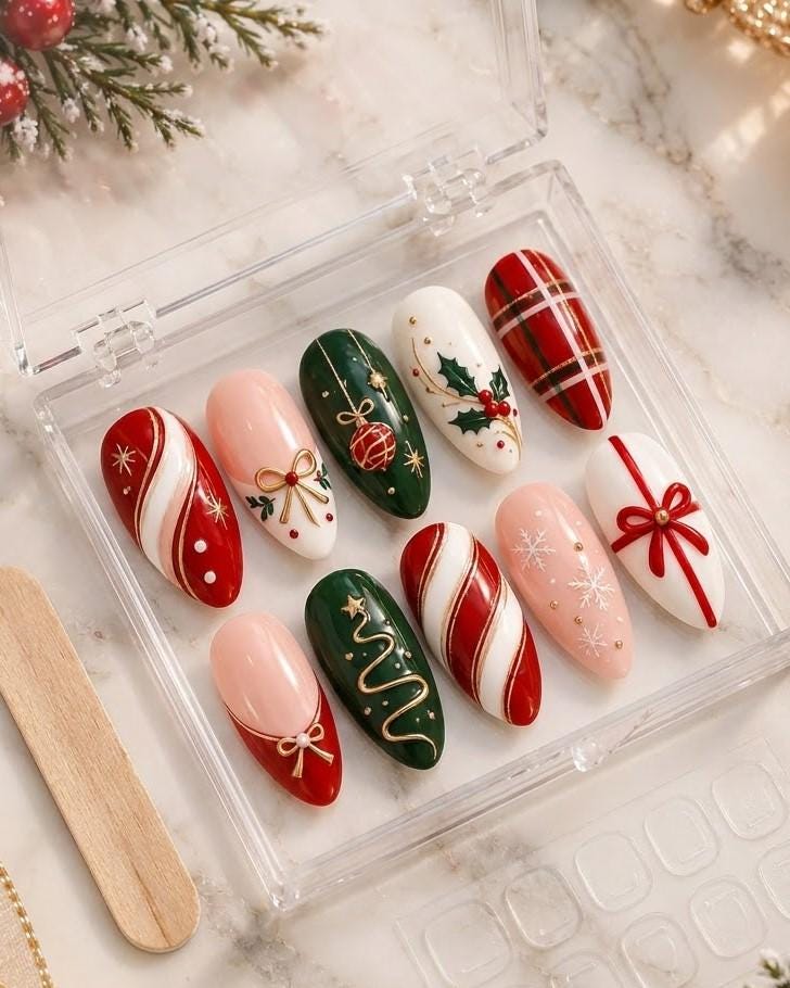 Christmas Plaid and Candy Cane Press On Nails with Holly, Bows, and Gold Details