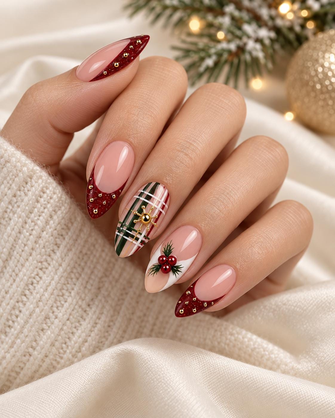 Christmas Plaid and Holly Press On Nails With Burgundy Glitter French Tips