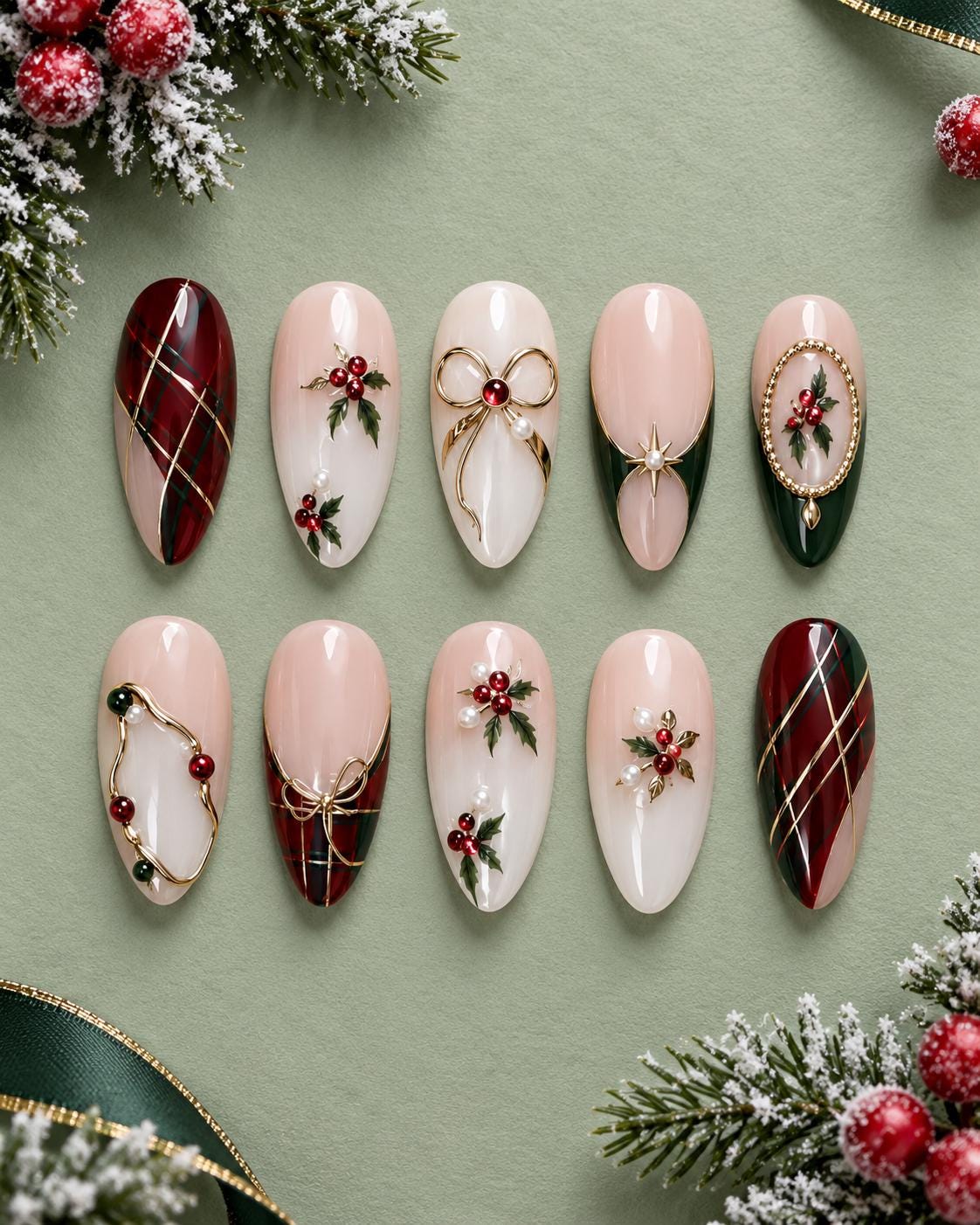 Christmas Plaid and Holly Press On Nails with Gold Bows