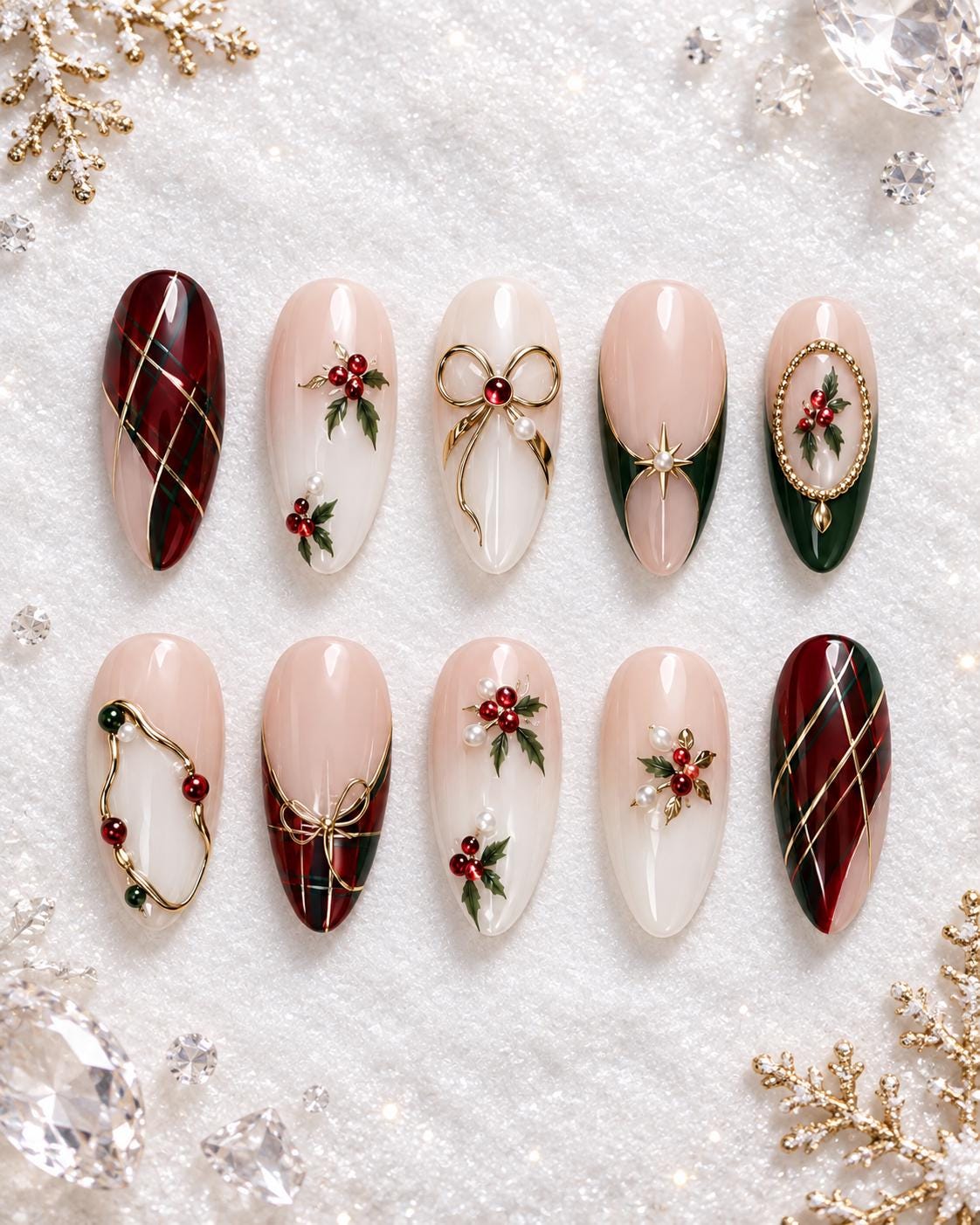 Christmas Plaid and Holly Press On Nails with Gold Bows