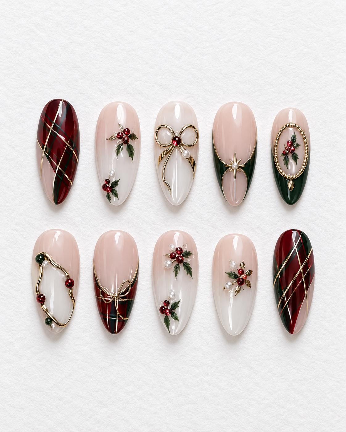Christmas Plaid and Holly Press On Nails with Gold Bows