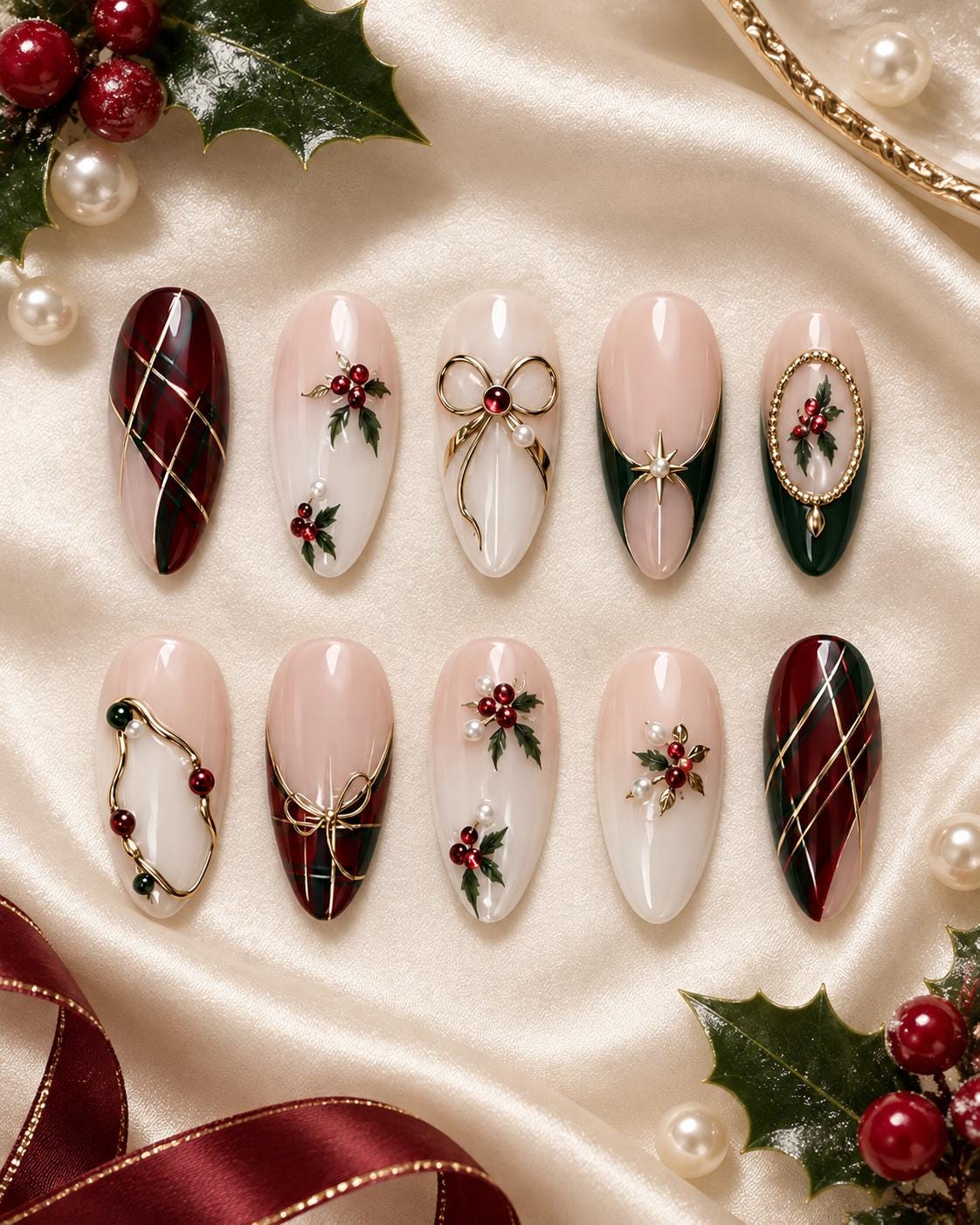 Christmas Plaid and Holly Press On Nails with Gold Bows