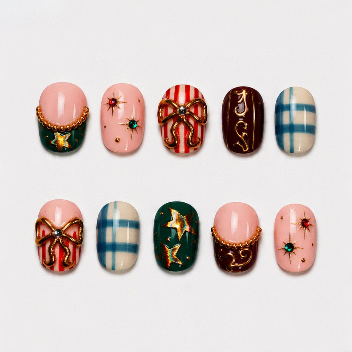 Christmas Plaid and Star Press On Nails with Raised Gold Bows