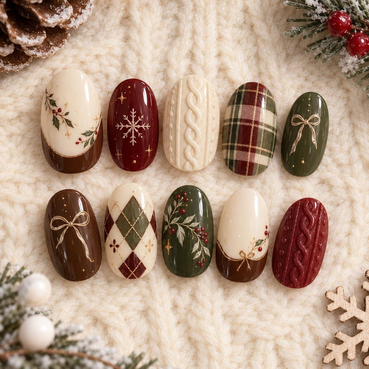 Christmas Plaid, Argyle, Bow and Cable-Knit Press On Nails