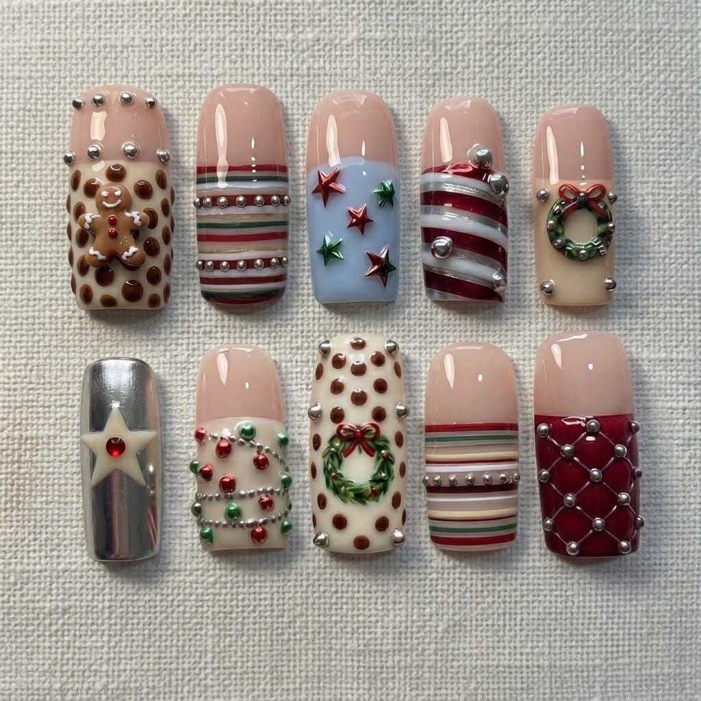 Christmas Plaid Press-On Nail Set With Gingerbread, Wreaths, and Silver Stars