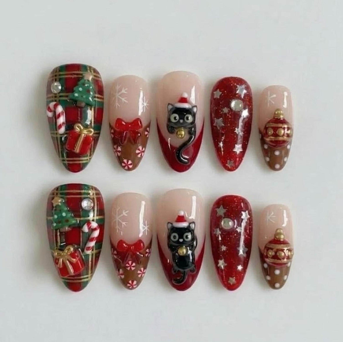 Christmas Plaid Press On Nails With Santa Hat Cats, Bows and Glitter