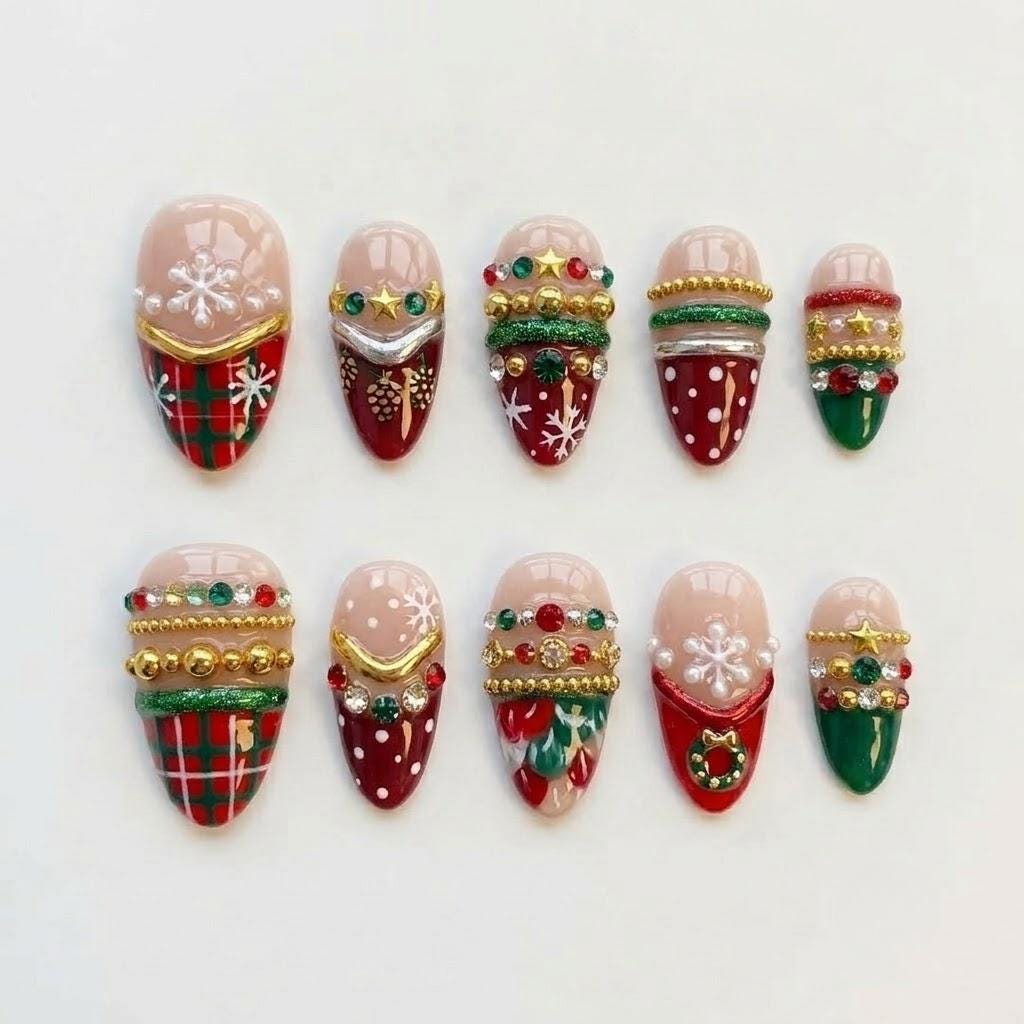Christmas Plaid Press On Nails with Snowflakes, Pearls and Red Green Gems