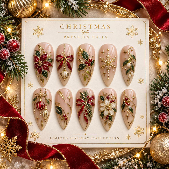 Christmas Poinsettia, Bow and Ornament Press On Nails with Gold Details