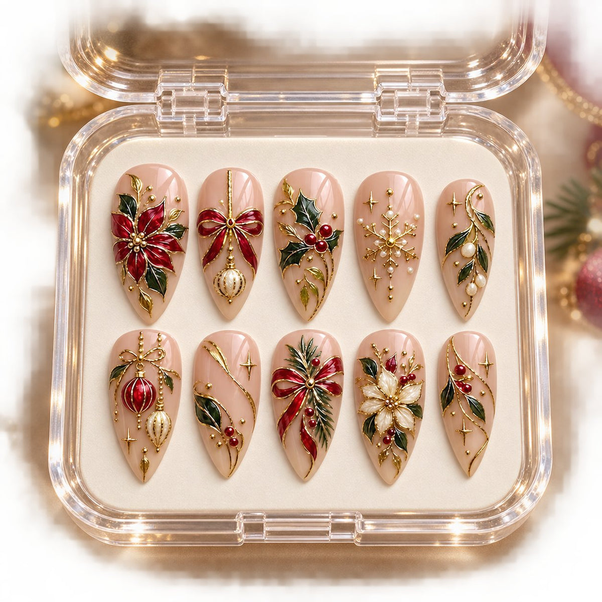 Christmas Poinsettia, Bow and Ornament Press On Nails with Gold Details in clear acrylic storage box