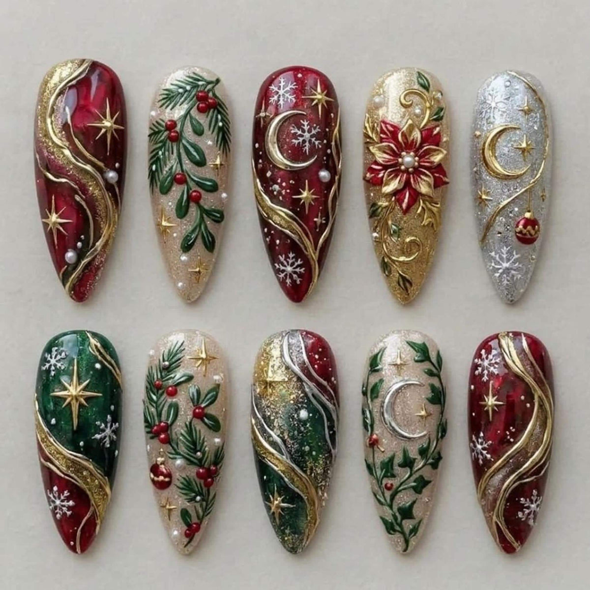 Christmas Poinsettia Press On Nails With Gold Moons, Stars and Snowflakes