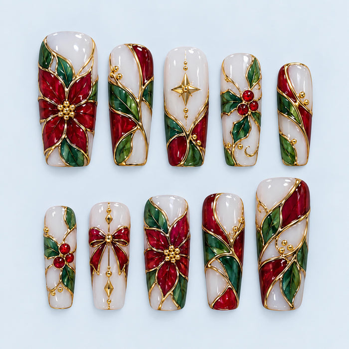 Christmas Poinsettia Press On Nails With Red, Green and Gold Details