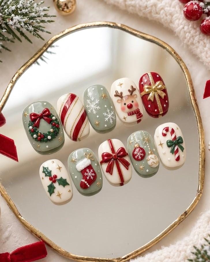 Christmas Press-On Nail Set With Wreath, Reindeer, Candy Canes, and Bows