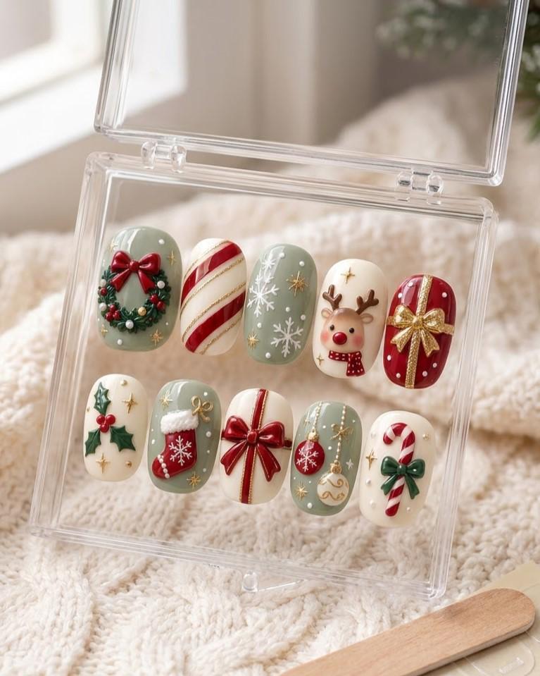 Christmas Press-On Nail Set With Wreath, Reindeer, Candy Canes, and Bows