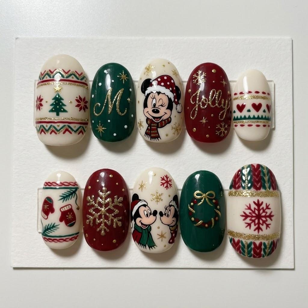 Christmas Press-On Nails in Green, Burgundy, Cream, and Gold