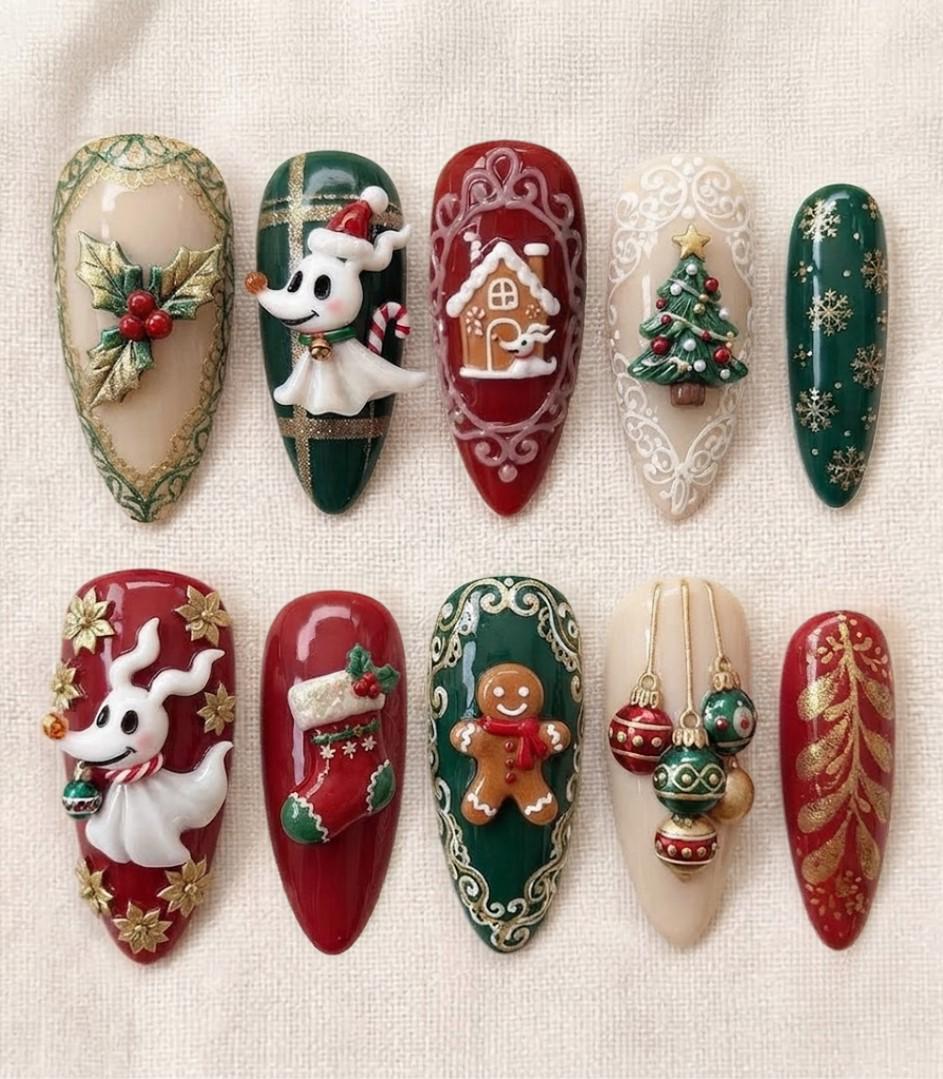 Christmas Press On Nails with 3D Ghost Dog, Gingerbread, Plaid and Holiday Charms