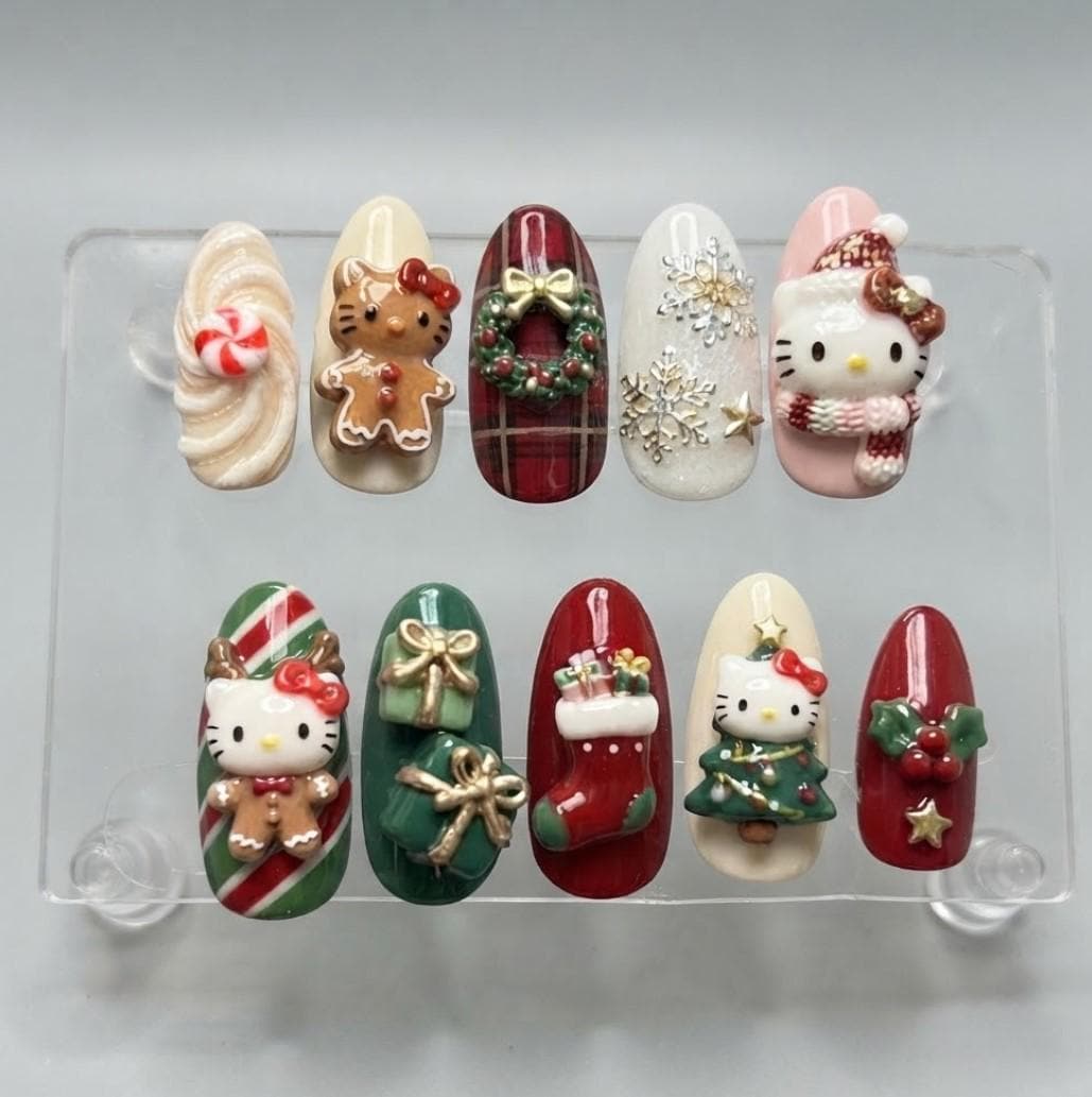 Christmas Press On Nails With 3D Gingerbread, Plaid, and Holiday Decorations
