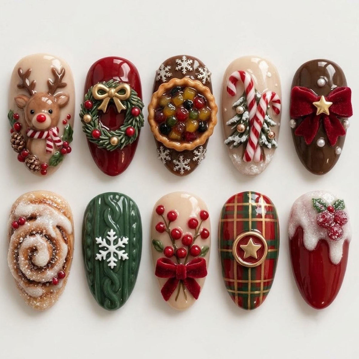 Christmas Press On Nails With 3D Reindeer, Wreath, Candy Canes and Holiday Motifs
