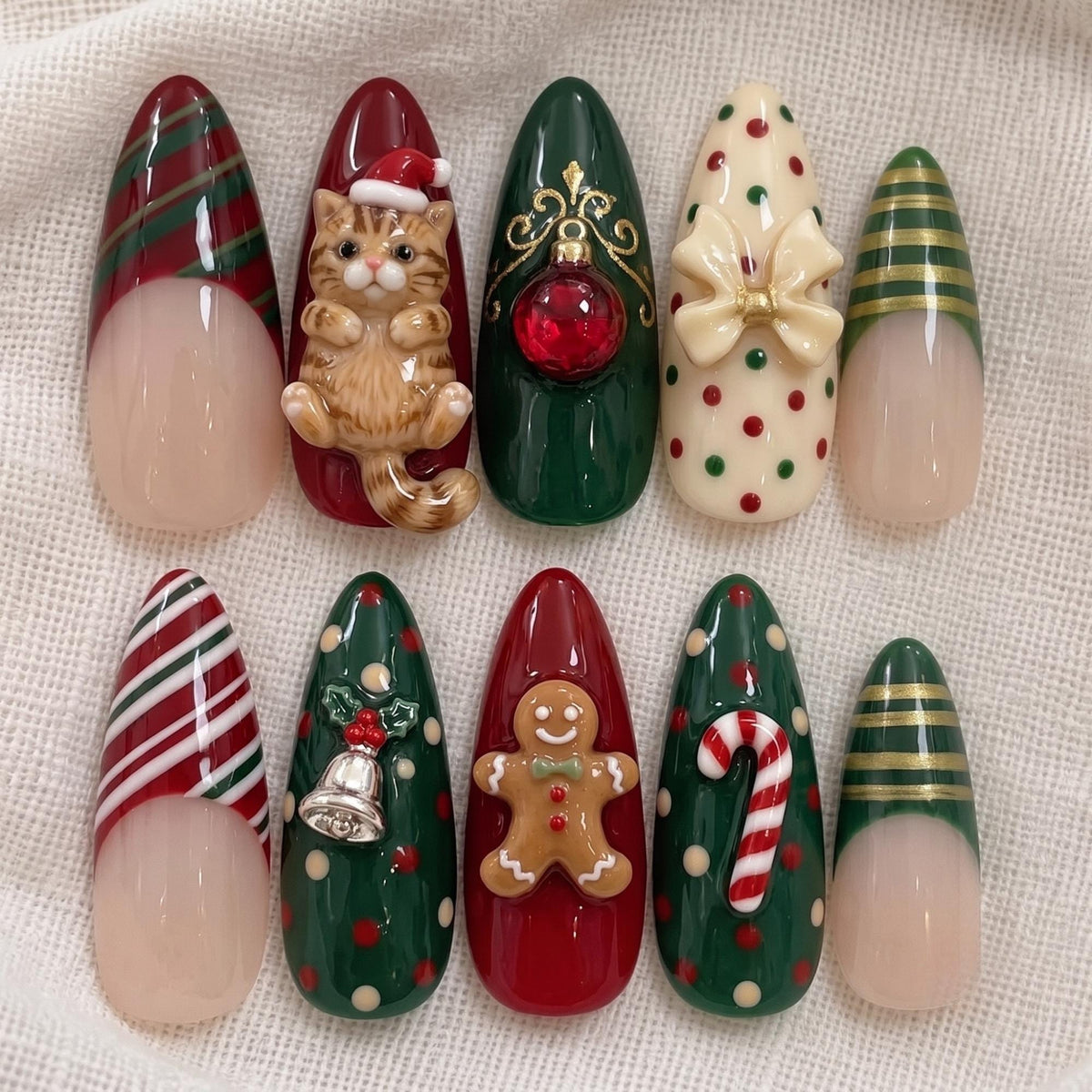 Christmas Press On Nails With 3D Santa Cat, Gingerbread, Candy Canes & Plaid
