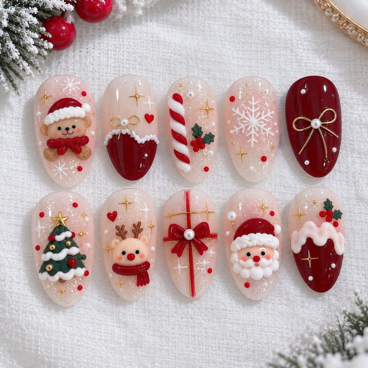 Christmas Press On Nails with 3D Santa, Teddy Bear, Reindeer & Burgundy Bows