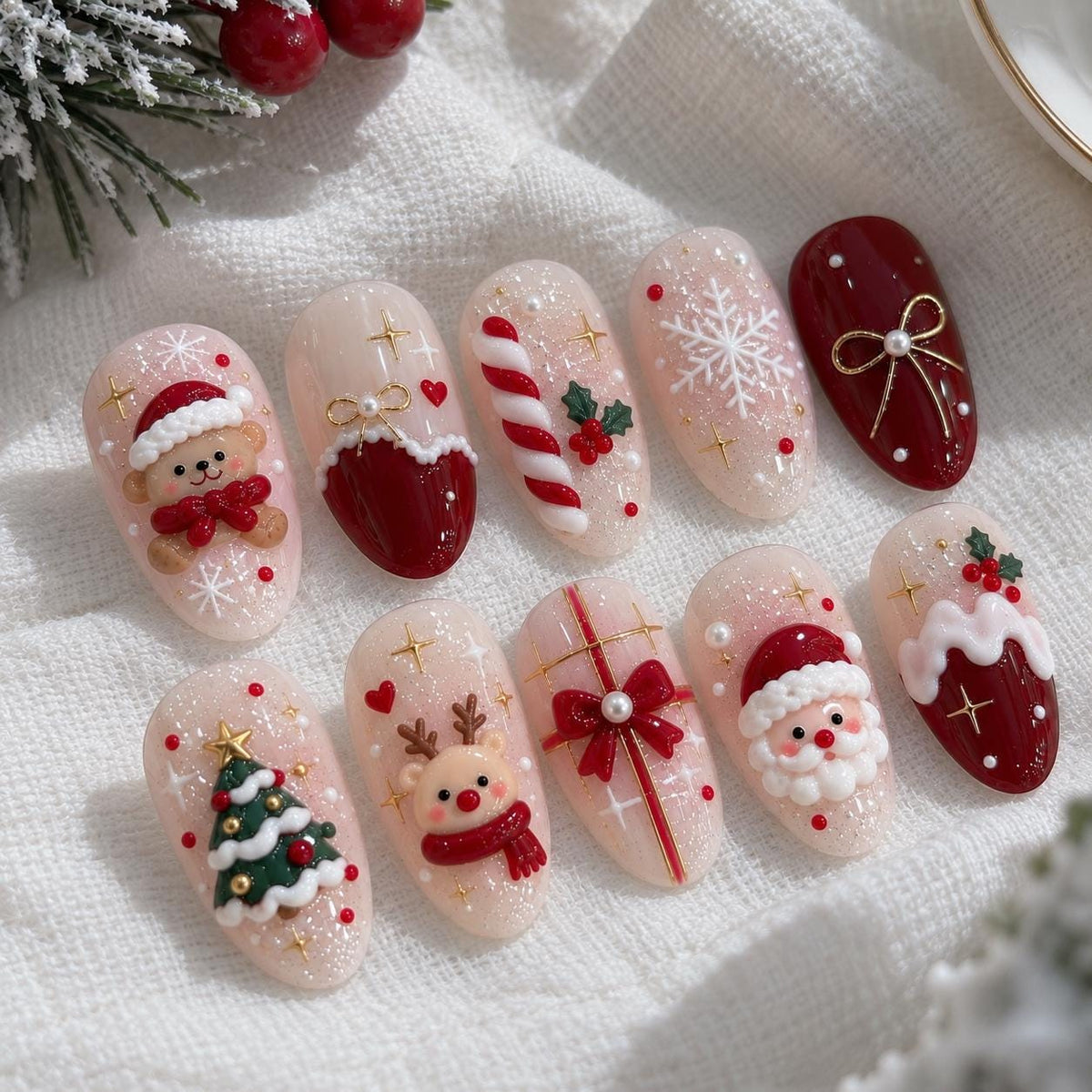 Christmas Press On Nails with 3D Santa, Teddy Bear, Reindeer & Burgundy Bows