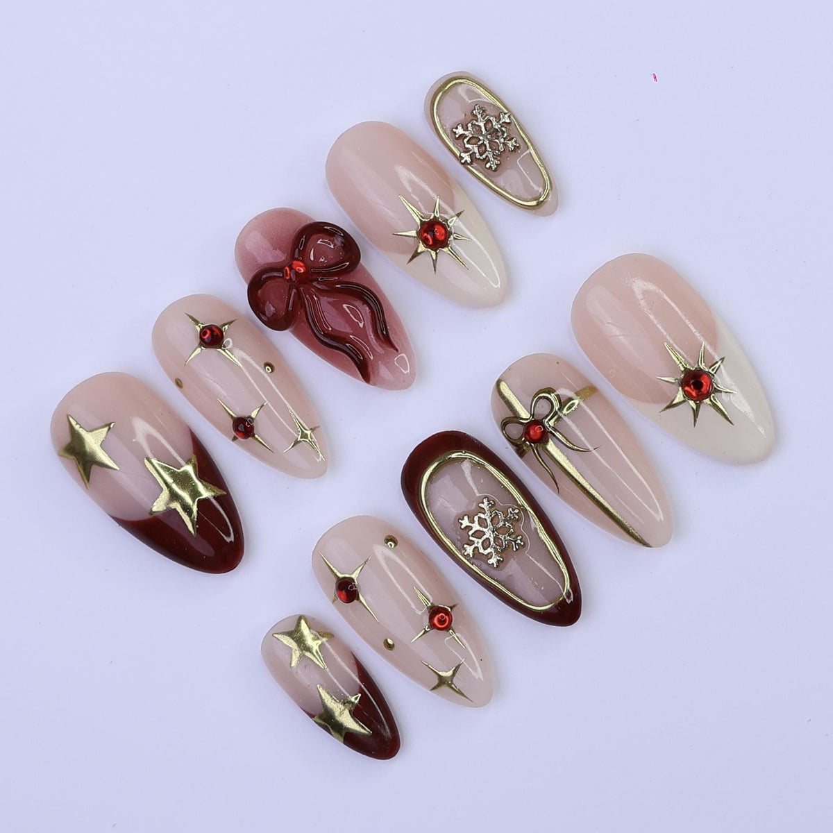 Christmas Press On Nails With Burgundy Bow, Gold Stars and Snowflakes