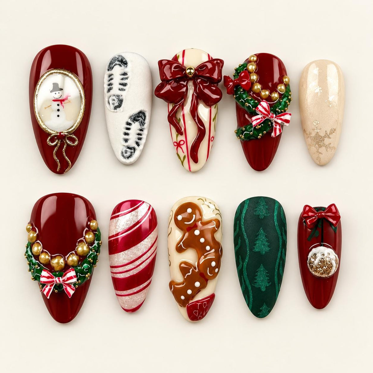 Christmas Press-On Nails with Burgundy Bows, Snowmen, Wreaths and Candy Cane Stripes