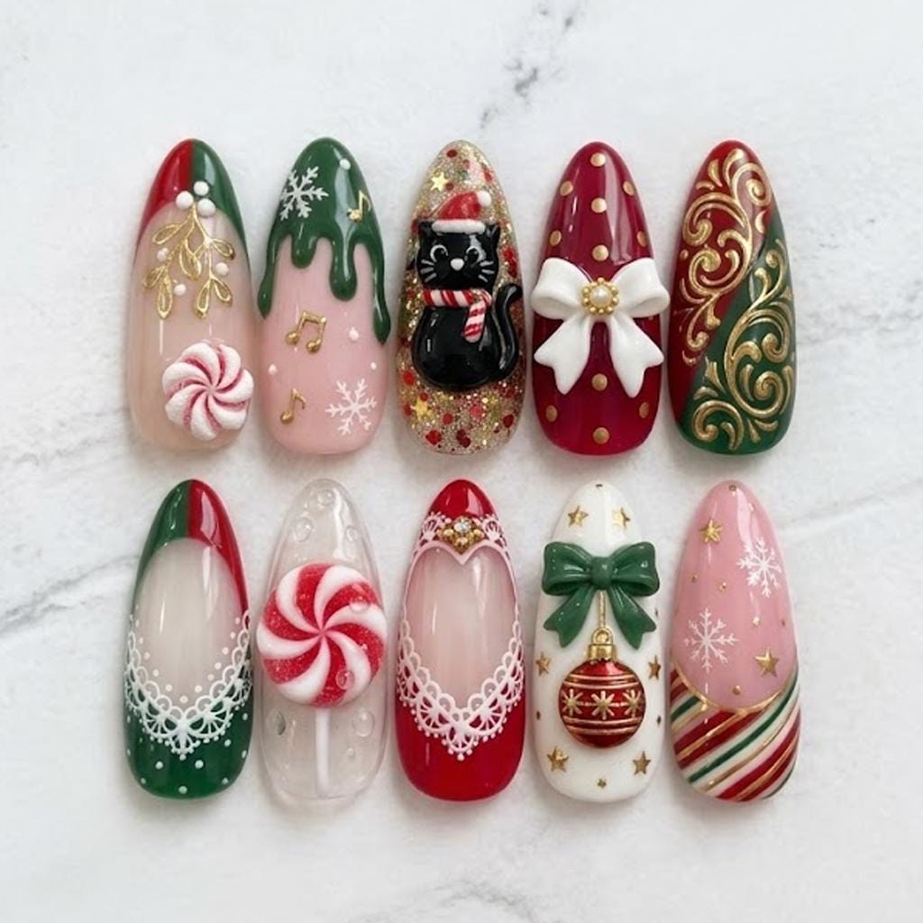 Christmas Press On Nails with Candy Canes, Gold Bows, Snowflakes & Cat Accent