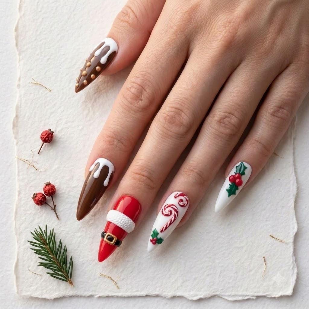 Christmas Press On Nails with Candy Canes, Santa Suit, Chocolate Drips and Holly