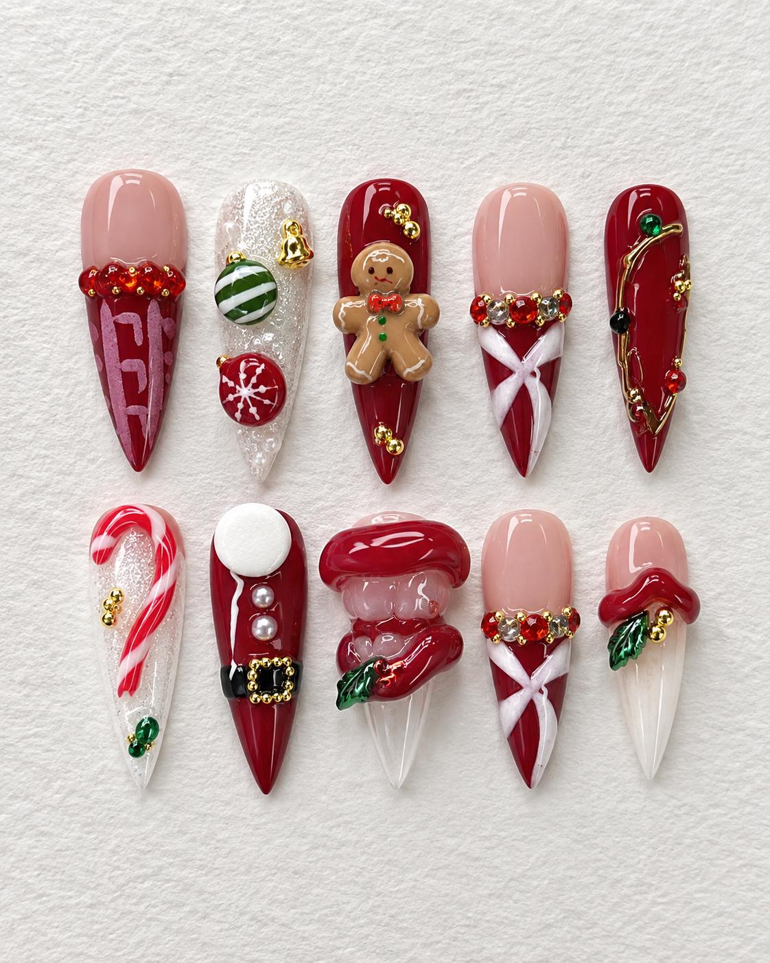 Christmas Press On Nails With Gingerbread, Candy Cane, Rhinestones, and 3D Details