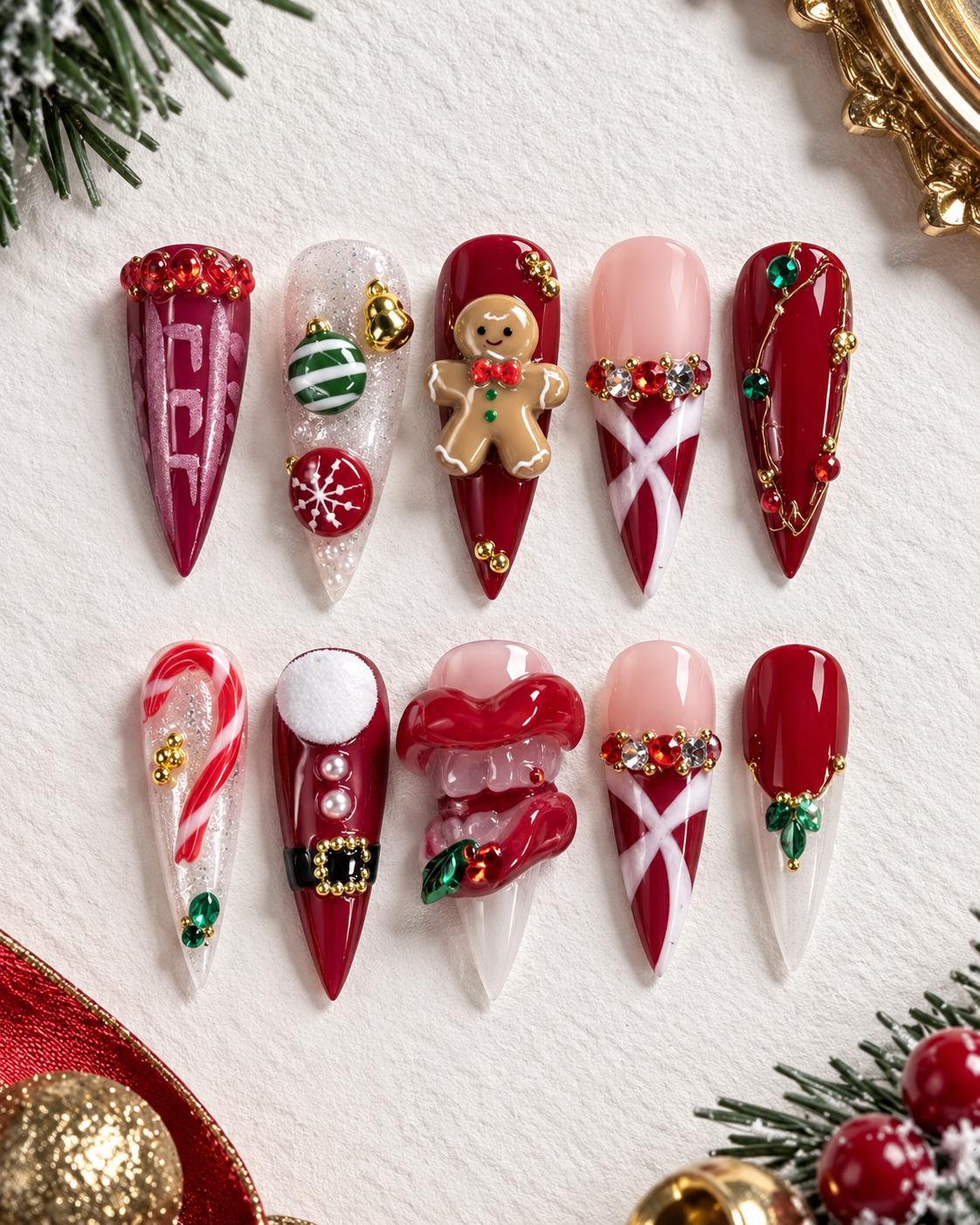 Christmas Press On Nails With Gingerbread, Candy Cane, Rhinestones, and 3D Details