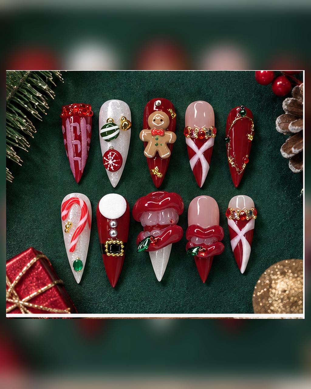 Christmas Press On Nails With Gingerbread, Candy Cane, Rhinestones, and 3D Details